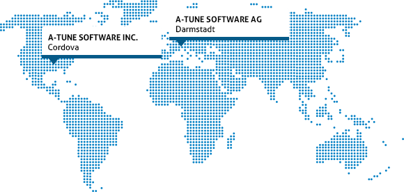 world map - a-tune software inc / Cordova (USA) and a-tune software AG in Darmstadt (Germany)